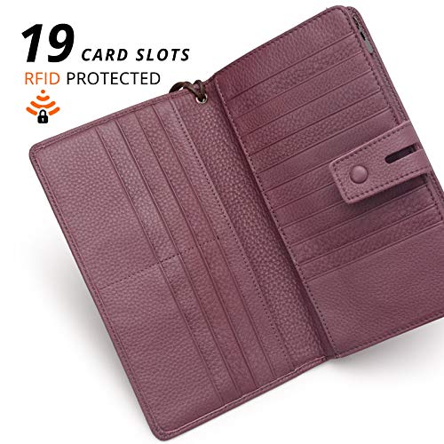Bveyzi Women's Big Fat Rfid Leather Wristlet Wallet Organizer Large Phone Checkbook Holder with Zipper Pocket (Purple) - color: Purple