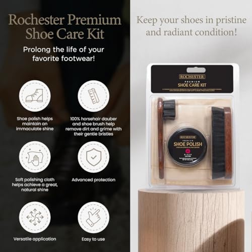 Rochester Premium Shoe Care Kit, Leather Shoe Care Kit with Black Shoe Polish, 100% Horsehair Dauber, 100% Horsehair Shoe Brush, and Soft Flannel Polishing Cloth, Shoe Accessories