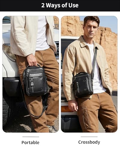 Leather Crossbody Bag for Men with Double Compartments | Genuine cowhide,two roomy sections,adjustable strap,zip closure,ideal for work,commuting,travel and gifts - color: Black-1