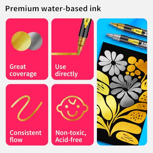 NAWOD 6 Gold and Silver Acrylic Paint Pens Markers, with Fine Tip and Medium Tip, for Rock Painting, Fabric, Canvas, Glass, Wood, Paper, DIY, Ceramic, Paint Markers for Kids and Adults - color: 3 Gold & 3 Silver | Fine + Dot