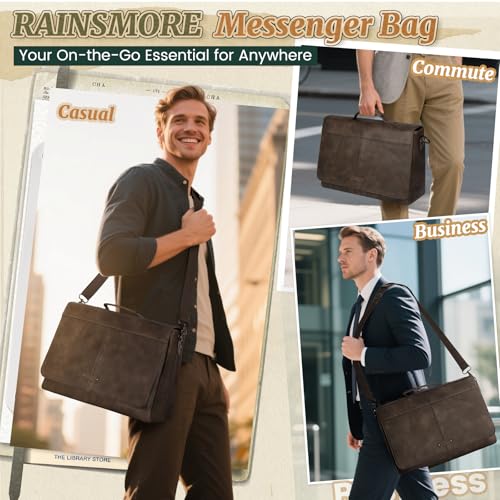 RAINSMORE Vintage Flap Messenger Bag for Men PU Leather Laptop Bag 15.6 Inch Mens Briefcase Waterproof Satchel Computer Bag - color: Wood