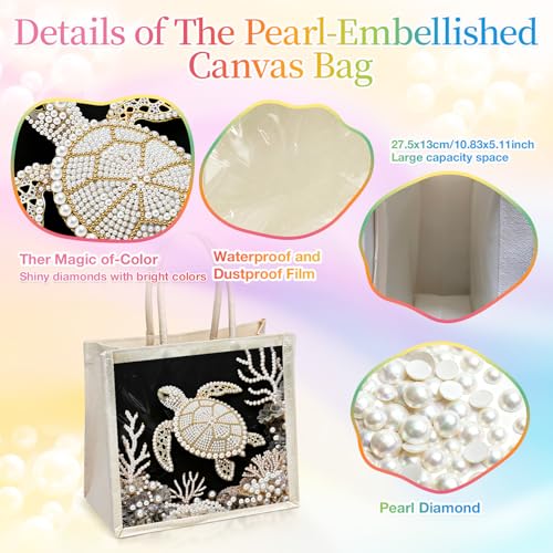 Xylzzuit DIY Pearl Painting Canvas Tote Bag Kit 11.42IN Diamond Art Handbag for Women Shopping Grocery Bag Dots Beads Art Craft Gift (Turtle) - color: Turtle