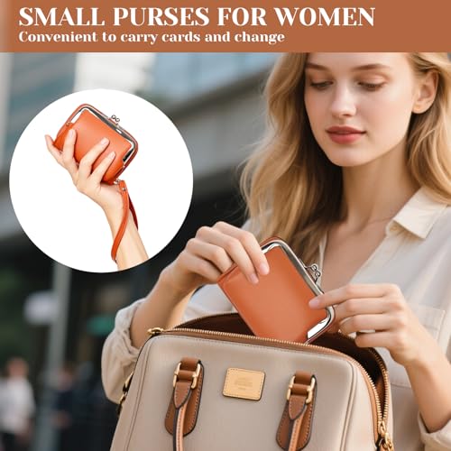 Women's Wristlet Wallet, Card Holder & Coin Purse, Small Change Purse | Small change purse for coins, small coin purse for women, wrist wallets for women, coin pouch, zip no kiss lock coin purses - color: Brown
