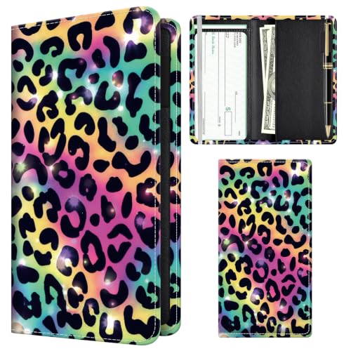 Checkbook Cover for Personal Checkbook, Cute Pu Leather Check Book for Women & Men, Slim Checkbook Holder with Pen Holder and Built-in Clear Plastic Divider, Color Leopard - color: Color Leopard