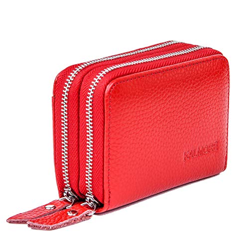 KALMORE Wallets for Women Genuine Leather Double Zipper RFID Blocking Purse with Coin Pocket - color: Red