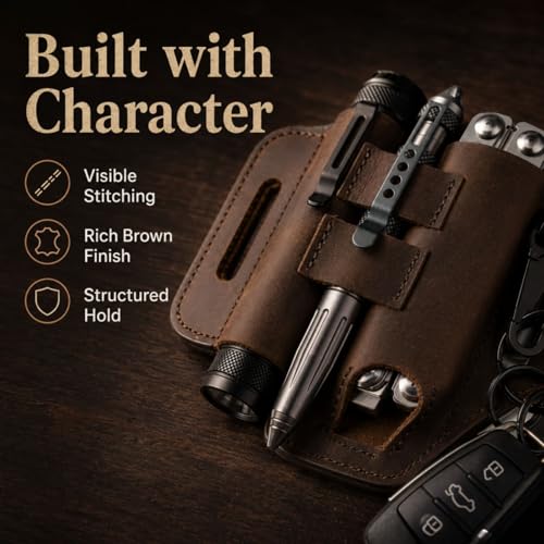 Leather Multitool Sheath for Belt – EDC Pouch & Leather with Flashlight Holder,Pen Loop & Keychain Clip –Multi Tool Holster Pouch for Men,Gift - color: Brown