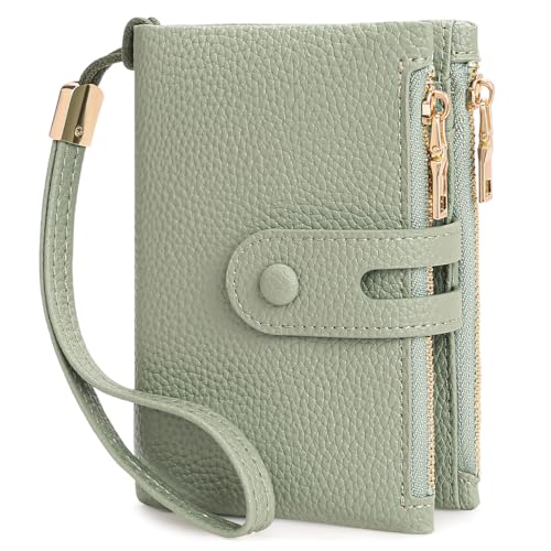 FALAN MULE Small Wallet for Women Leather RFID Blocking Wristlet Bifold Card Holder with Double Zipper Pockets - color: R-Light green