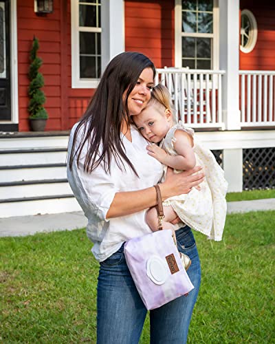 Bumco Portable Diaper Clutch Bag with Built-In Baby Wipes Dispenser | Airtight refillable wet wipes dispenser container. Portable travel wristlet pouch strap for quick cleanups on the go. - color: Purple Tie Dye
