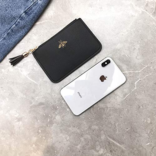 Coin Purse Change Wallet Pouch Leather Card Holder with Key Chain Tassel Zip(Black) - color: Black
