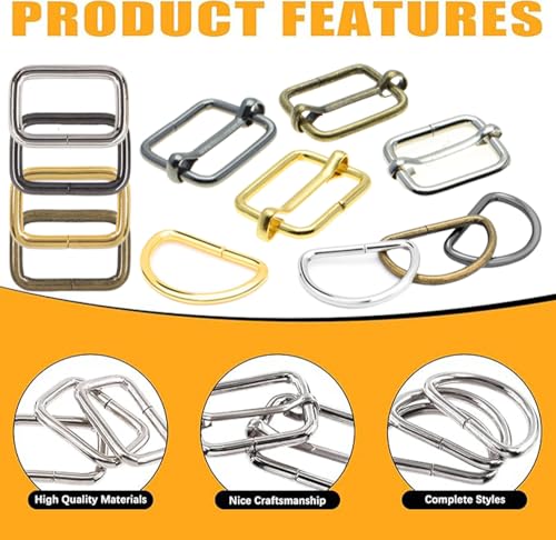 Metal Belt Buckle Hardware Set, 36 Pieces, 1-1/2 Inch, D-Rings and Slide Buckles, Rectangle Ring - color: Mix 4 Colors