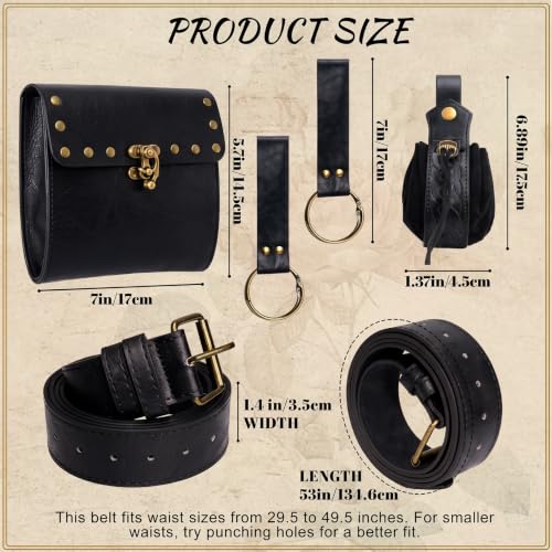 Renaissance Belt Pouch Medieval Pirate Costume Accessories Set for Cosplay | Viking Faux Leather Waist Bag, Skirt Hike Clips, Perfect for Women and Men Ren Faire, LARP, Fantasy, Halloween - color: Black-D