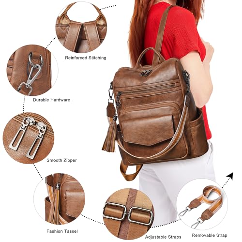 Leather Womens Backpack Purse Convertible Crossbody Shoulder Strap | Water Resistant Flap Fashion Backpack,Magnetic Pocket Design,Anti-theft Pocket,Adjustable Strap for Work College Casual - color: Brown