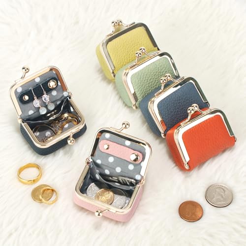 Genuine Leather Mini Jewelry Box Coin Purse for Women,Solid Color Kiss Lock Jewelry Case Organizer,Mini Travel Ring Box - color: Black