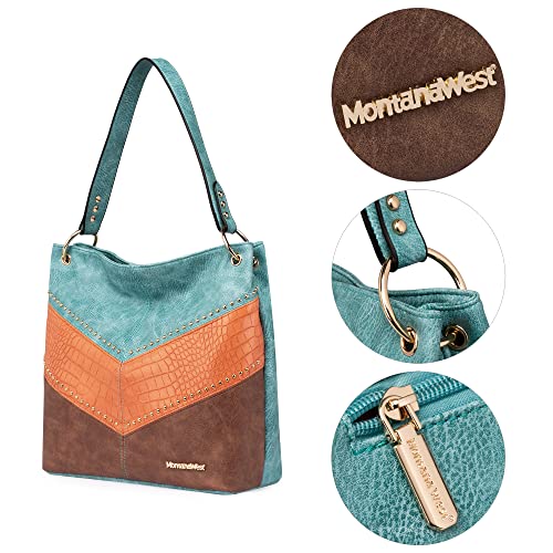 Purses for Women Hobo Bags Slouchy Shoulder Bag Tote Handbags | Stylish for Everyday Use, Zip-top Closure, Back Anti-theft Pocket, 3 Inner Pockets, Comfortable Wide Strap for Dating Errands - color: B-light Blue/Orange/Brown