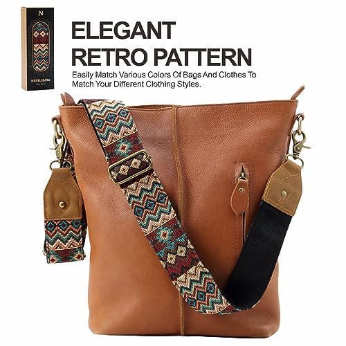 Nefelibata Purse Strap-2" Crazy Horse Leather Wide Shoulder Strap Adjustable Replacement,Retro Jacquard Embroidery Multi-pattern Crossbody Bag Straps for Handbag,Crossbody Bags(Ethnic style brown) - color: Ethnic Style Dark Brown