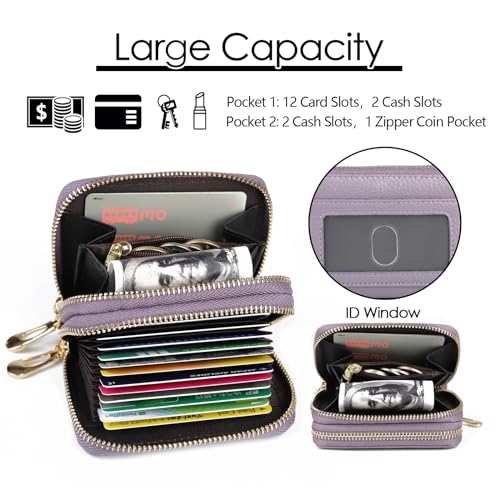 imeetu Rfid Credit Card Holder, Businese Card Case, Wallet for Women Men | Genuine Leather Card Wallet with id Window, Keychain & Double Zipper, Water-resistan Small Wallet with Gift Box, Daily Travel - color: Max - Light Purple