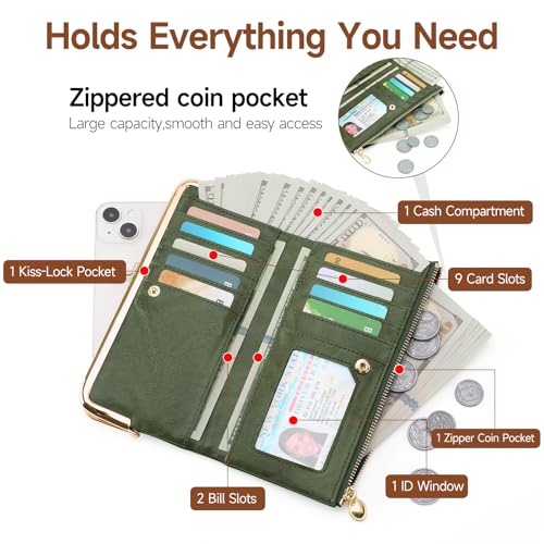 GOIACII Womens Wallet Kiss Lock Bifold Leather Wallets for Women Green - color: A01 Green