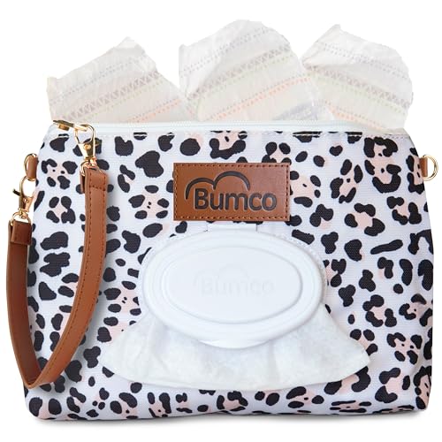 Bumco Portable Diaper Clutch Bag with Built-In Baby Wipes Dispenser | Airtight refillable wet wipes dispenser container. Portable travel wristlet pouch strap for quick cleanups on the go. - color: Snow Leopard