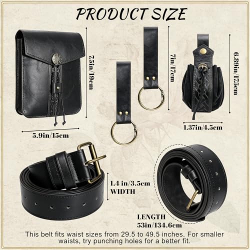 Renaissance Belt Pouch Medieval Pirate Costume Accessories Set for Cosplay | Viking Faux Leather Waist Bag, Skirt Hike Clips, Perfect for Women and Men Ren Faire, LARP, Fantasy, Halloween - color: Black-C