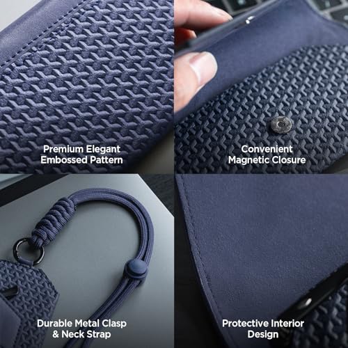 VULKIT Portable Leather Eye Glasses Case for Women & Men, Slim Sunglass Case, Unisex Eyeglass Case - color: Ink Navy With Lanyard