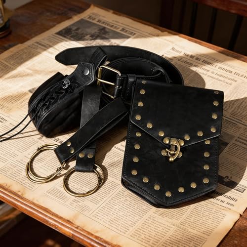 Renaissance Belt Pouch Medieval Pirate Costume Accessories Set for Cosplay | Viking Faux Leather Waist Bag, Skirt Hike Clips, Perfect for Women and Men Ren Faire, LARP, Fantasy, Halloween - color: Black-B