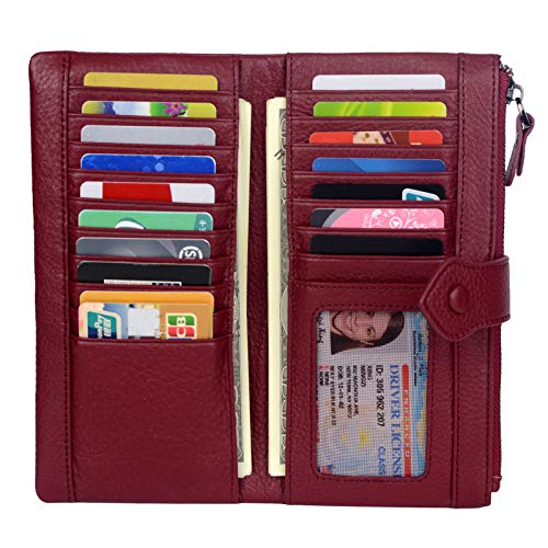Bveyzi Women Soft Leather RFID Blocking Bifold Slim Wallets Ladies Credit Card Holder Double Zipper Pocket - color: Wine Red