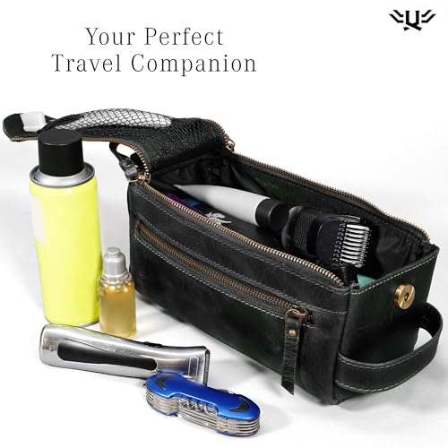 Premium Handmade Leather Toiletry Bags for Men and Women, Genuine Leather Dopp Kit and Shaving Bag for Men, Travel Cosmetic Bag for Women's and Men's, Zipper Pocket, Black - color: Distressed Black (Large)