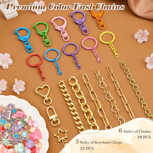 Ecoofor 502 Pcs Keychain Making Kit - Includes 25 Keychain Clips, 30 Extender Chains, 162 Charms, Beading Accessories, Jewelry Pliers - DIY Bag Charms & Jewelry Craft Kit Supplies - color: Gold-502Pcs Kit