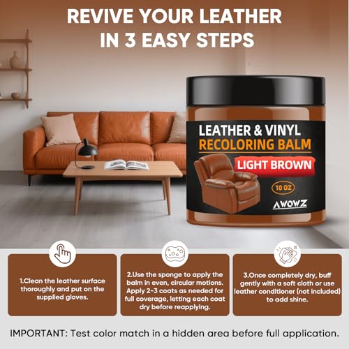 Leather Recoloring Balm - Scratch Repair & Color Restore Kit for Faded Leather, Couch & Car Seats - 10OZ Leather Restorer Balm for Furniture, Auto Interior, Vinyl, Accessories (Light Brown-Tan) - color: Light Brown (Tan), size: 10 OZ