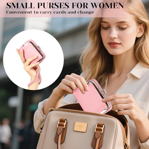 Women's Wristlet Wallet, Card Holder & Coin Purse, Small Change Purse | Small change purse for coins, small coin purse for women, wrist wallets for women, coin pouch, zip no kiss lock coin purses - color: Pink