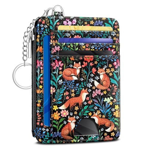 Kelvoris Credit Card Holder Small Wallet Women, Slim RFID, Fox Flowers | Keychain, Zipper Coin Pocket, Front Pocket Thin Travel Card Case, Minimalist, 6 Card Slots, 1 ID Window, Ladies Gifts Woman - color: Fox