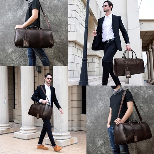 Leather Travel Bag Large Capacity Luggage Duffel Bag with Shoe Compartment, Men Women Weekend Shoulder Handbag for Holiday Business Trip (55cm-Brown) - color: 55cm-Brown