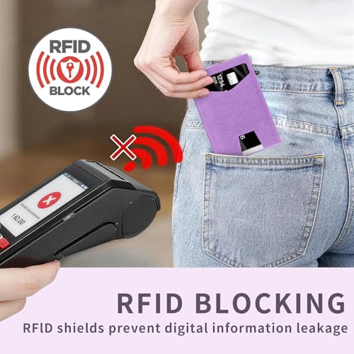 RFID Wallet Women: Stylish Security Metal Wallet for 10-12 Cards & 2 ID Windows - Smart Pop-Up Credit Card Holder & Cash Slot in Compact Trifold Design,Gift for Her(Purple) - color: Purple