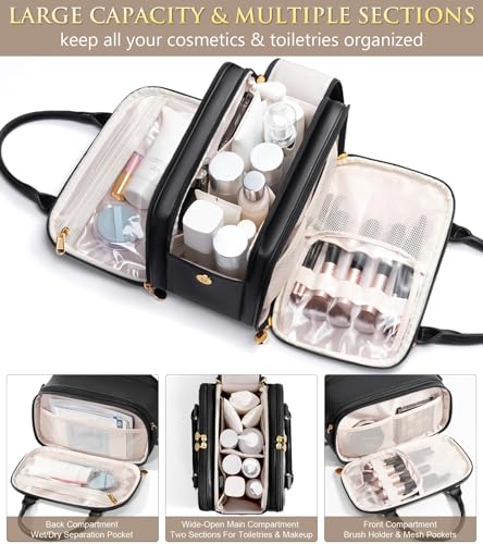 Bagstellar Travel Makeup Bag, Large Capacity Quilted Toiletry Bag for Women Stand-up Cosmetic Bag Open Flat Make Up Case Organizer Portable Pouch Purse w/Handle for Traveling Accessories, Black - color: Black