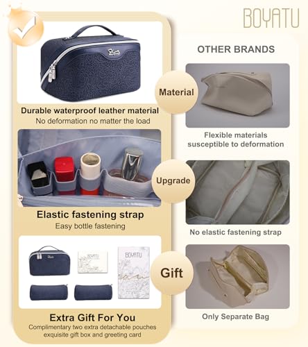 BOYATU Travel Makeup Bags Cosmetic Organizer Bag: 3 Pcs Set Large Capacity Make up Bag with Compartments - Waterproof Leather Toiletry Bags with Handle for Women (A-Dard Blue) - color: A-Dard Blue