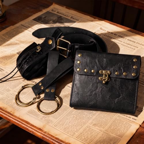 Renaissance Belt Pouch Medieval Pirate Costume Accessories Set for Cosplay | Viking Faux Leather Waist Bag, Skirt Hike Clips, Perfect for Women and Men Ren Faire, LARP, Fantasy, Halloween - color: Black-D