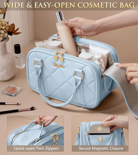 Bagstellar Travel Makeup Bag, Large Capacity Quilted Toiletry Bag for Women Stand-up Cosmetic Bag Open Flat Make Up Case Organizer Portable Pouch Purse w/Handle for Traveling Accessories, Blue - color: Blue