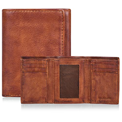 Trifold Leather Wallet for Men - RFID Slim Minimalist Front Pocket 6 Slots - color: Wash Tan