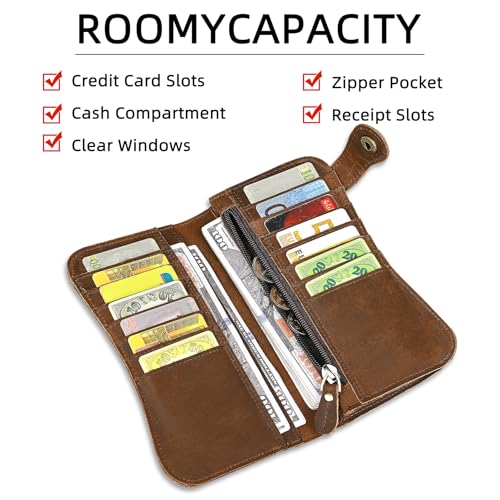 Genuine Crazy Horse Leather Travel Gift Coin Pocket Card Case Long Organizer Chain Rfid Wallet Purse With Snap For Men Male 1088 (1088 Dark Brown-Dragon) - color: 1088 Dark Brown-Dragon