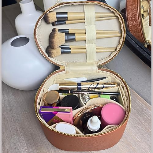 JAZD Vanity Case Makeup Bag with Removable Organizer Divider, Travel Toiletry Cosmetic Organizer for Women - color: BROWN