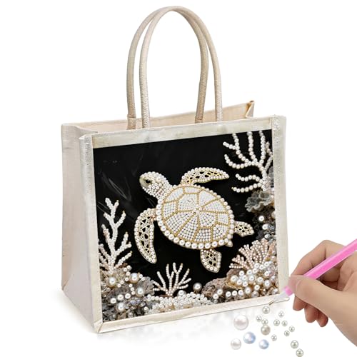 Xylzzuit DIY Pearl Painting Canvas Tote Bag Kit 11.42IN Diamond Art Handbag for Women Shopping Grocery Bag Dots Beads Art Craft Gift (Turtle) - color: Turtle