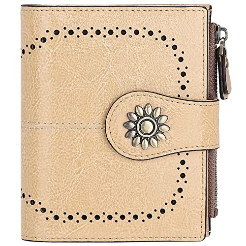 Womens Leather Wallet Small Compact RFID Blocking Credit Card Case Purse with Zipper Pocket | Small - color: Light Khaki