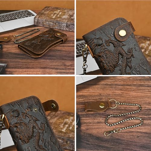 Genuine Crazy Horse Leather Travel Gift Coin Pocket Card Case Long Organizer Chain Rfid Wallet Purse With Snap For Men Male 1088 (1088 Dark Brown-Dragon) - color: 1088 Dark Brown-Dragon