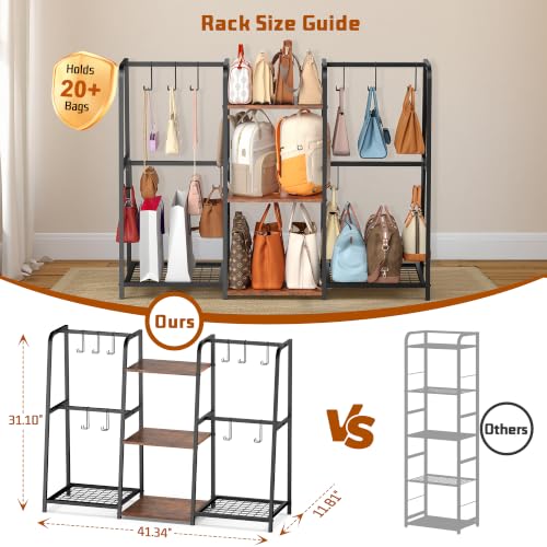 3-Tier Purse Organizer, Heavy-Duty Wood and Metal Bag Storage Rack with 10 Side Hooks for Large Totes & Long Shoulder Bags, Anti-Wobble Free-Standing Handbag Display Stand