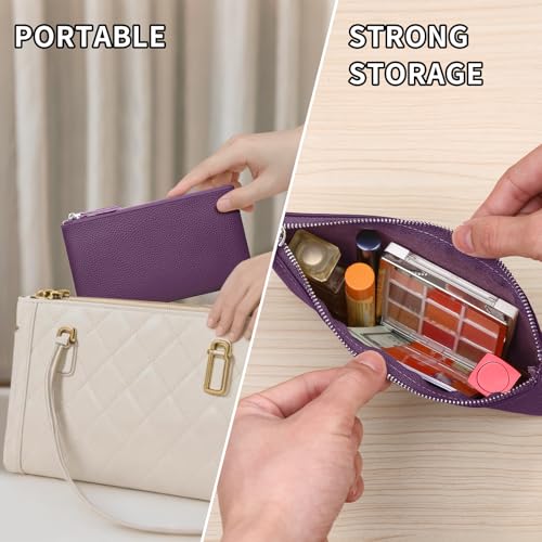 Genuine Leather Zipper Purse, Travel Makeup Bag With Zipper for Men Women Coin Bag Lipstick Cosmetic Accessories Organizer, Travel Kit Storage Pouch (Purple) - color: Purple