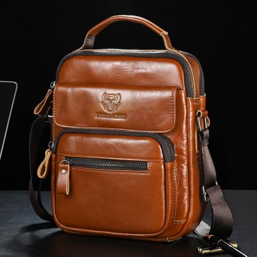 Mens Shoulder Bag Leather Crossbody Bags Leather Sling Bag Messenger Bags | LEBULLBRO Shoulder Bag for Men Crossbody Bags Leather Sling Bag Messenger Bags with Multiple Pockets Business - color: Brown