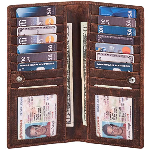 Long Wallet for Men Women Leather Slim Bifold RFID Blocking Card Holder | Real Top Grain Leather, Stylish 18 Credit Card Slots, 2 ID Windows, 2 Currency Sleeves, Gift Box, (Cognac, Crazy Horse) - color: Cognac Crazy Horse