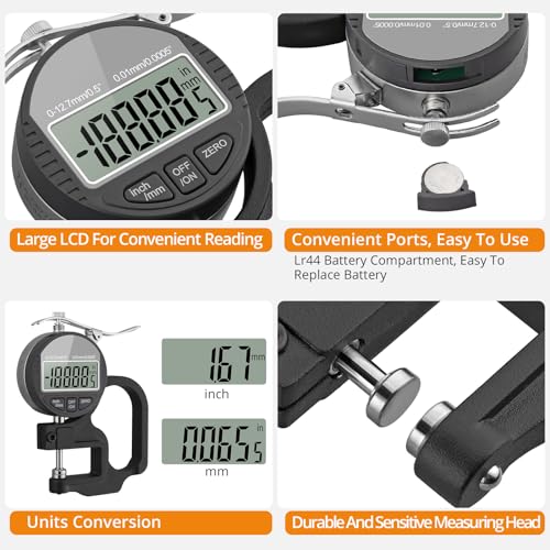 Neoteck Digital Thickness Gauge 0.5inch/12.7mm,0.0005inch/0.01mm Accuracy - color: Silver-grey, size: 0-0.5"/0.0005"