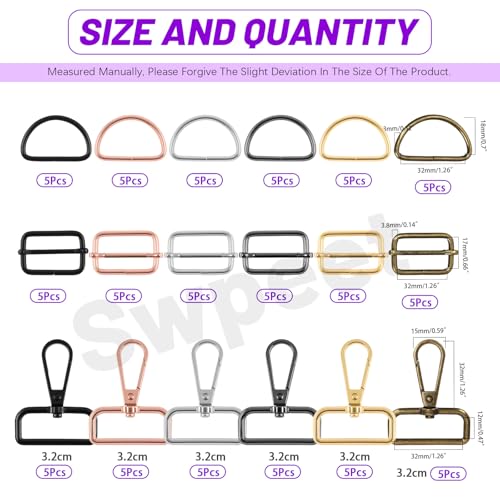 Swpeet 90Pcs 6 Colors 32MM Metal D Ring & Rectangle Adjuster Triglides Slides Buckle & D Ring Swivel Lobster Clasp Kit, Semi-Circular D Rings Roller Pin Buckles Swivel Snap Hook for Belt DIY Crafts - style: 3.2CM