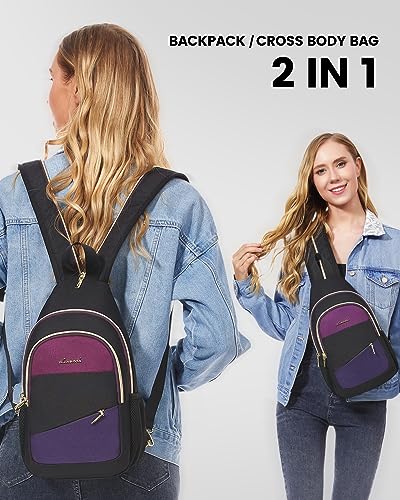LOVEVOOK Sling Bag for Women, Sling Backpack Crossbody Bag Convertible, Small Diaper Bag Hiking Daypacks Water-resistant, Travel Shoulder Bag Chest Bag, Black Blue Purple - color: Purple-blue-black, size: Small